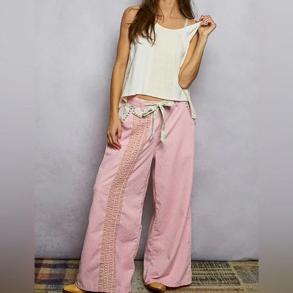 NEW Pol Double Gauze Lace Floral Trim Buckle Back Pants Drawstring Pink Stripe - Picture 9 of 12